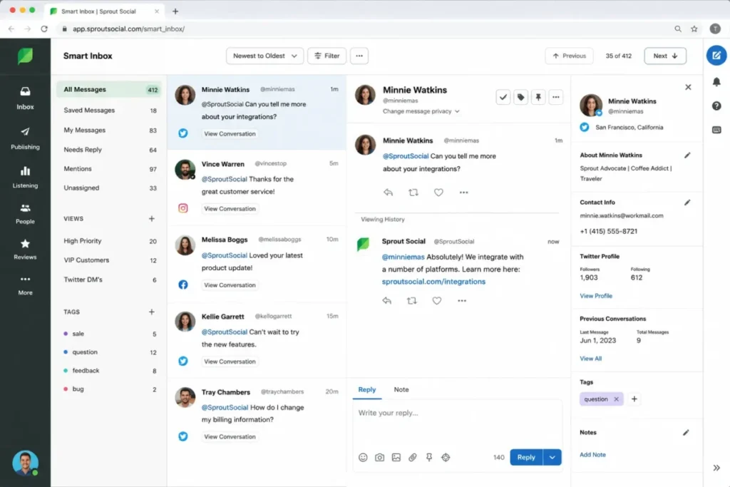 Sprout Social Smart Inbox interface showing a unified social message stream, selected conversation, and reply composer.