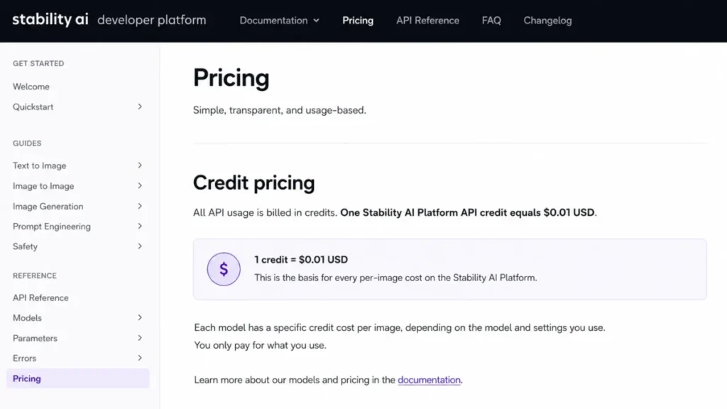 Stability AI Developer Platform pricing page showing that one API credit equals $0.01 USD