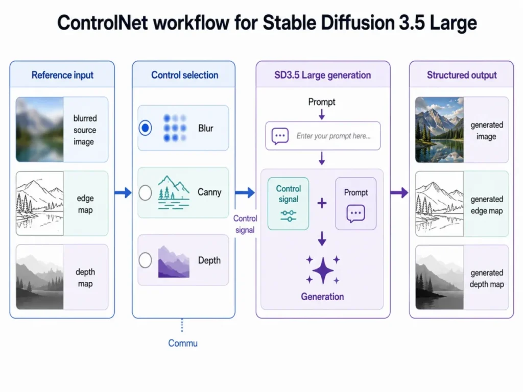 ControlNet workflow for Stable Diffusion 3.5 Large showing reference inputs, Blur, Canny and Depth controls, generation, and structured output