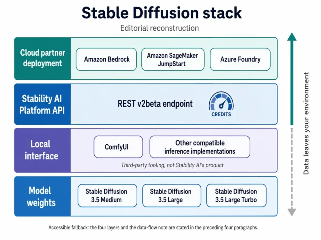 Four-layer Stable Diffusion stack showing model weights, local interfaces, Stability AI Platform API, and cloud partner deployments