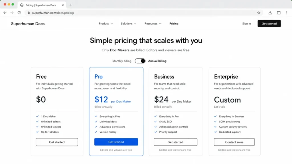 Superhuman Docs pricing page showing Pro at $12 per Doc Maker with annual billing selected and editors and viewers free.