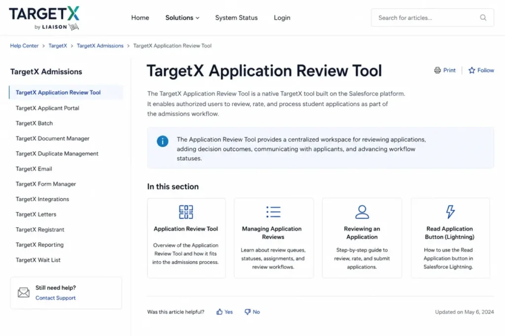 TargetX Application Review Tool help center page showing admissions application review workflow documentation.