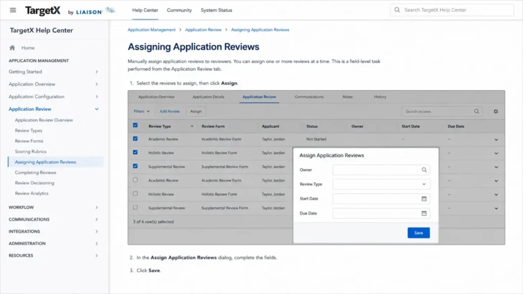 TargetX Application Review assignment dialog showing Owner, Review Type, Start Date, Due Date, and Save fields.