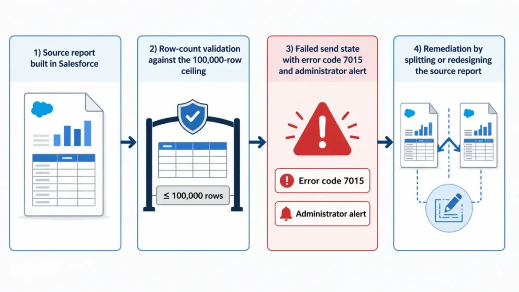 Four-step diagram showing the TargetX communication send failure path from Salesforce source report validation to error code 7015 and remediation.