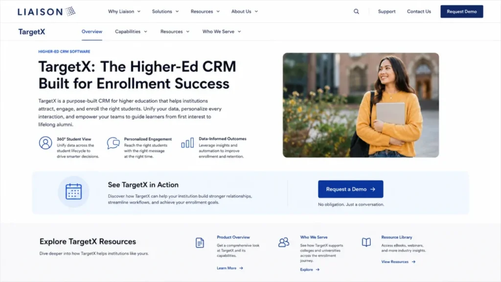 Official TargetX product page showing the higher-education CRM overview and a Request a Demo call-to-action without a pricing table.