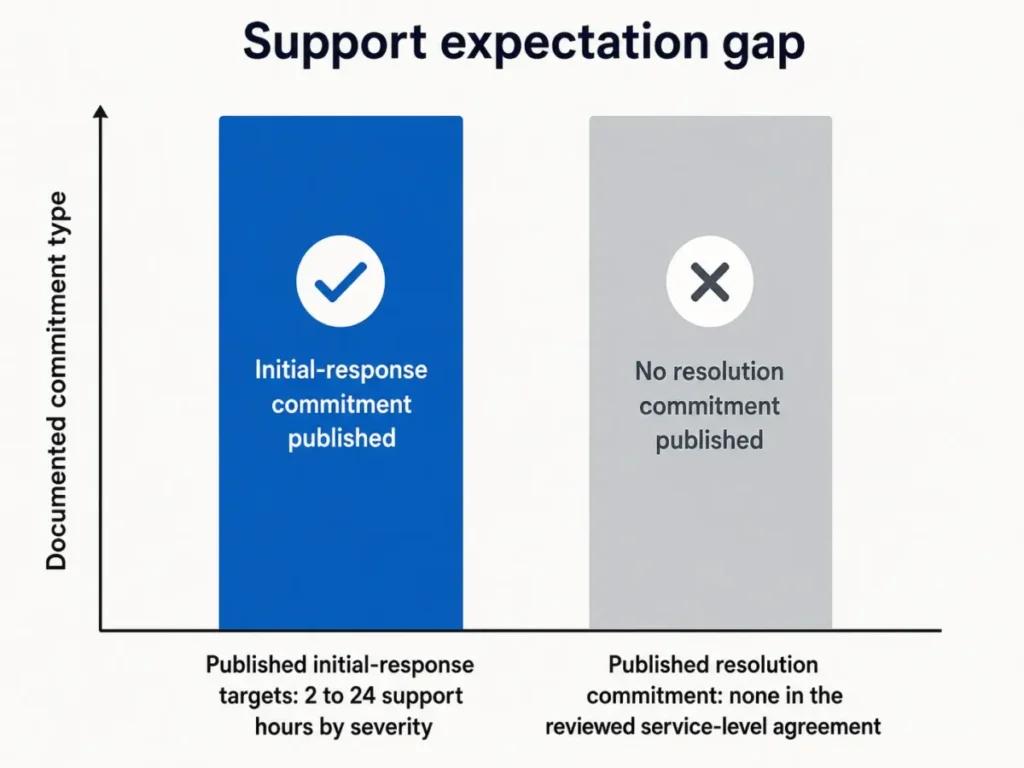 Two-bar chart comparing TargetX published initial-response targets of 2 to 24 support hours with no published resolution commitment.