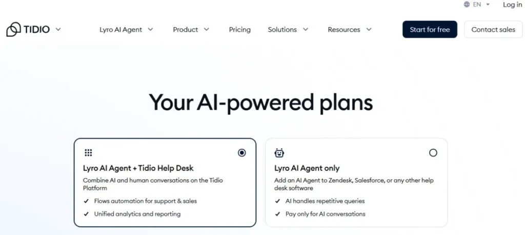 Tidio pricing page showing Lyro AI Agent and Tidio Help Desk plan options