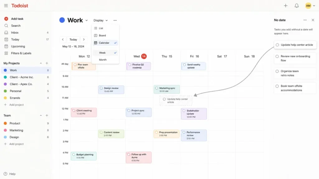 Todoist Week calendar showing an undated task dragged from the No date panel onto a weekday cell.