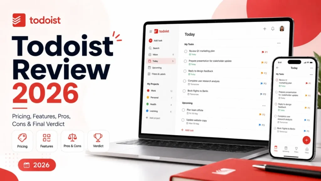 Todoist Review 2026 featured image showing the desktop and mobile task management interface.