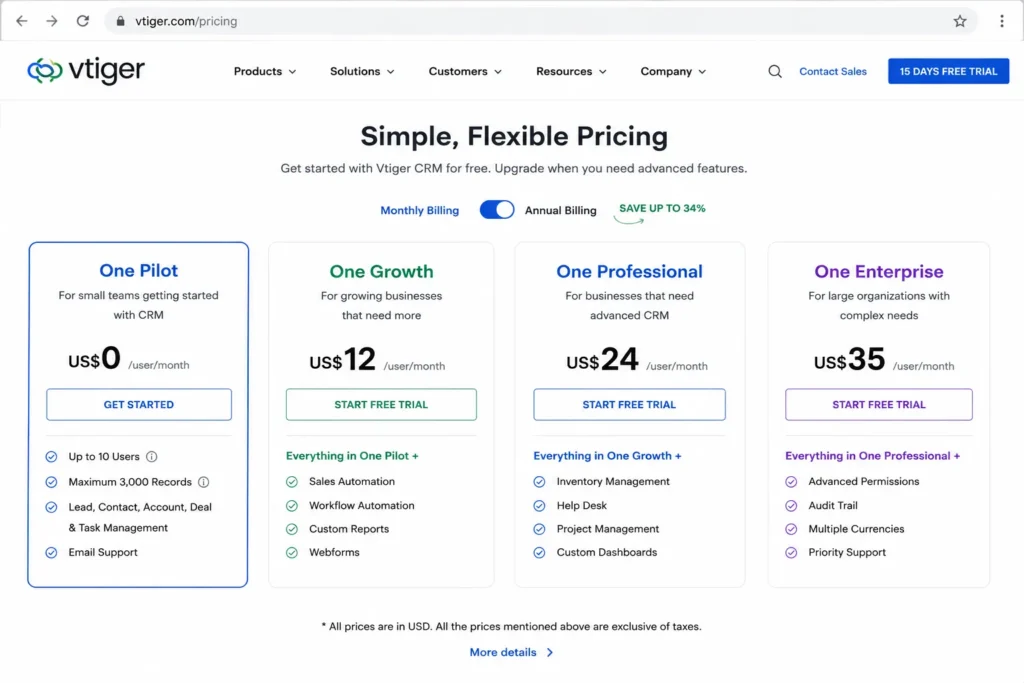 Vtiger CRM pricing page showing the One Pilot free plan for 10 users and 3,000 records