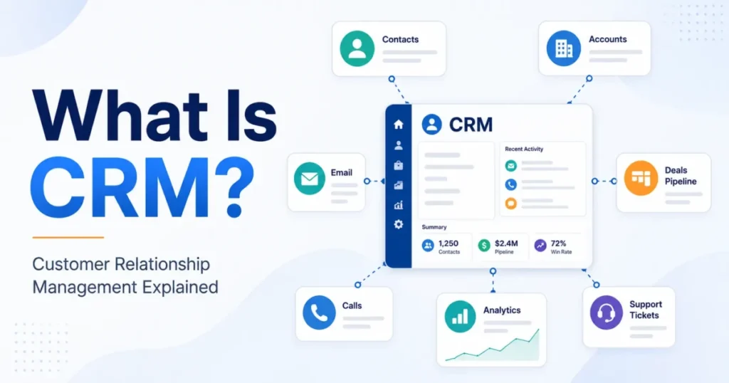 What is CRM explained with contacts, accounts, deals, email, calls, analytics, and support connected to a central CRM system