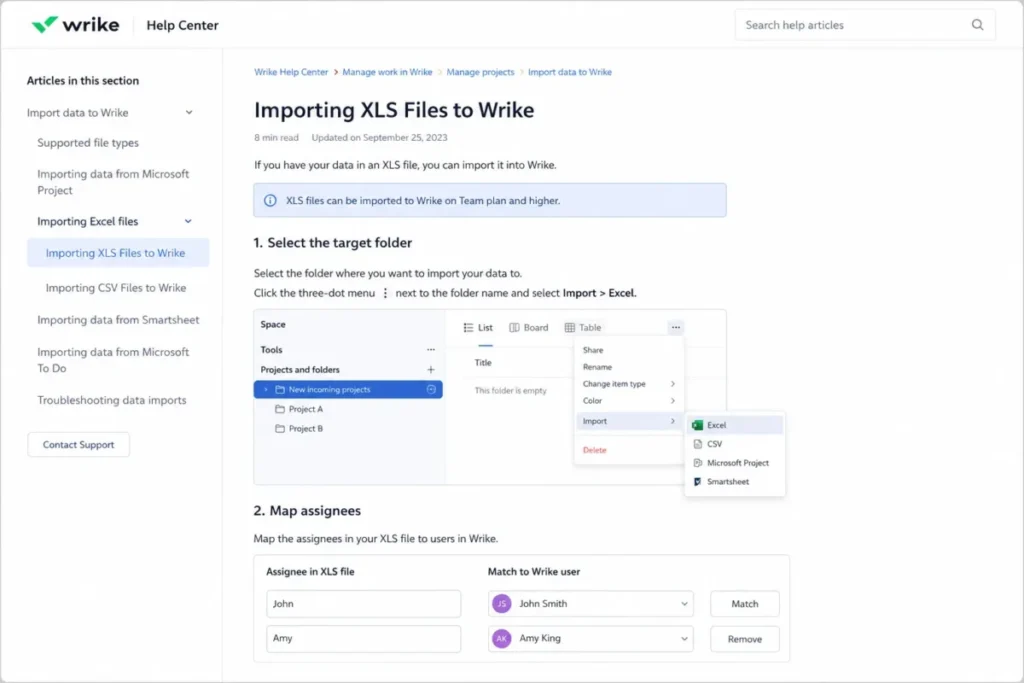 Wrike Help Center article showing the target folder menu with Import and Excel selected, plus the assignee mapping step.