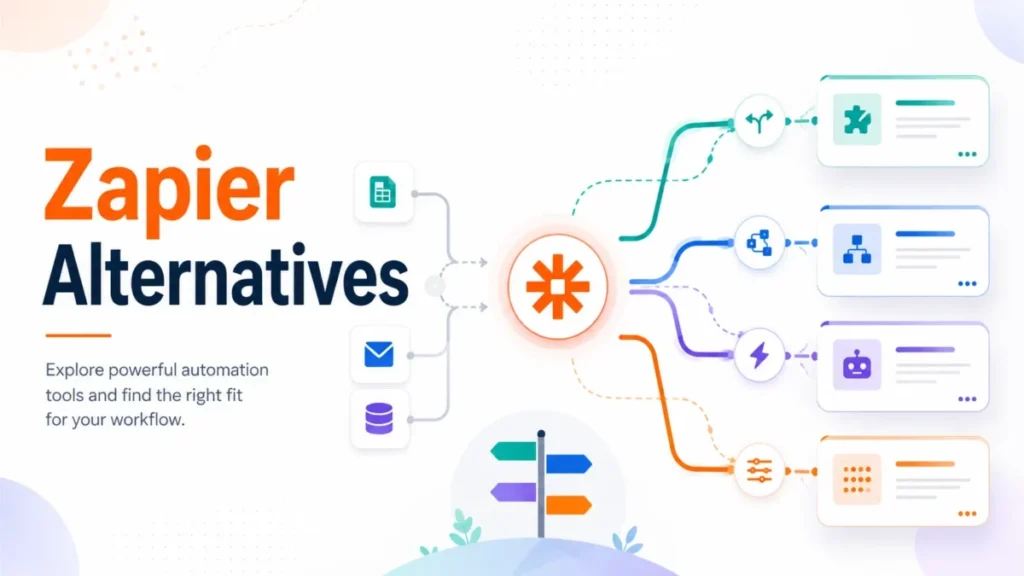 Featured illustration for a Zapier alternatives article, showing Zapier branching into several automation-tool options connected to workflow icons.
