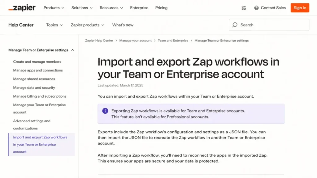 Zapier Help Center article explaining that Zap workflow exports are available only for Team and Enterprise accounts and imported apps must be reconnected.