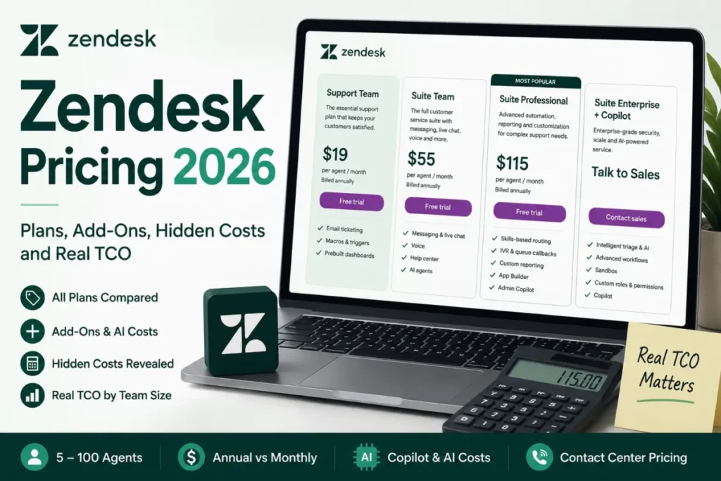 Zendesk Pricing 2026 guide covering plans, add-ons, hidden costs, AI pricing, and total cost of ownership