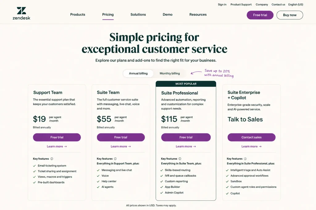 Zendesk pricing plans for Support Team, Suite Team, Suite Professional, and Suite Enterprise plus Copilot