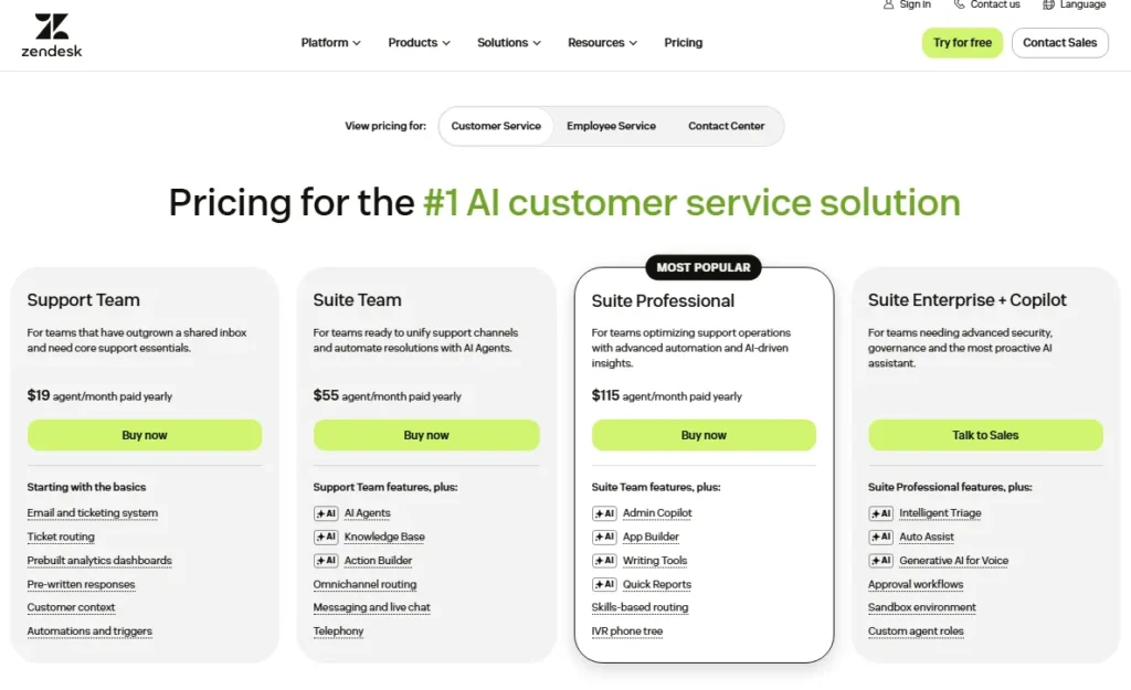 Zendesk customer service pricing page showing Support Team, Suite Team, Suite Professional, and Suite Enterprise plans