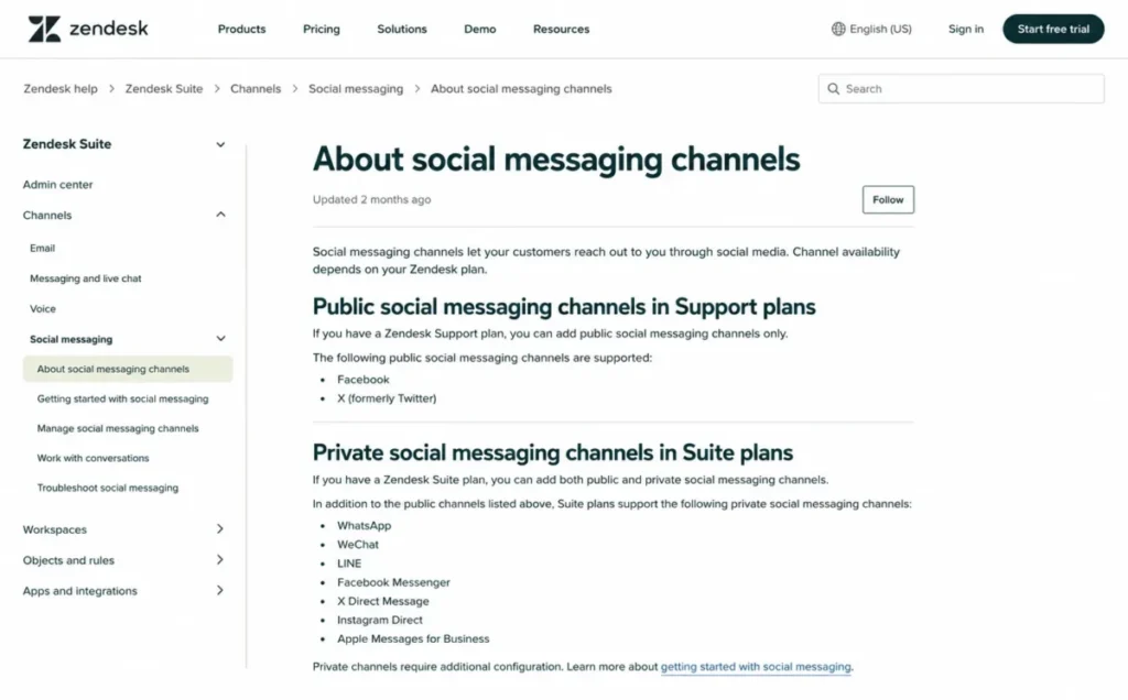 Zendesk Suite help documentation explaining public social messaging channels for Support plans and private social messaging channels for Suite plans