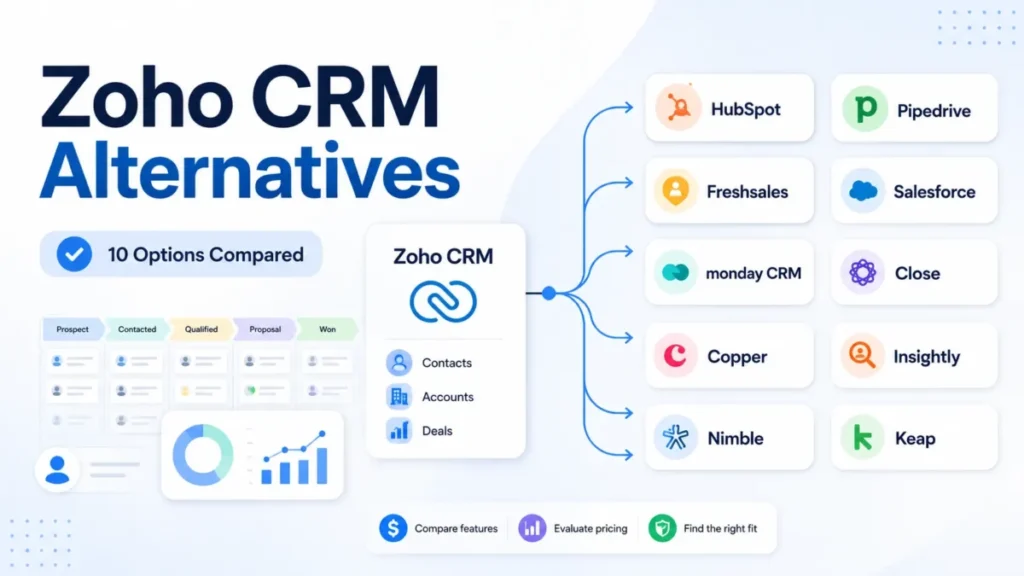 Zoho CRM Alternatives featured image comparing HubSpot, Pipedrive, Freshsales, Salesforce, monday CRM, Close, Copper, Insightly, Nimble, and Keap
