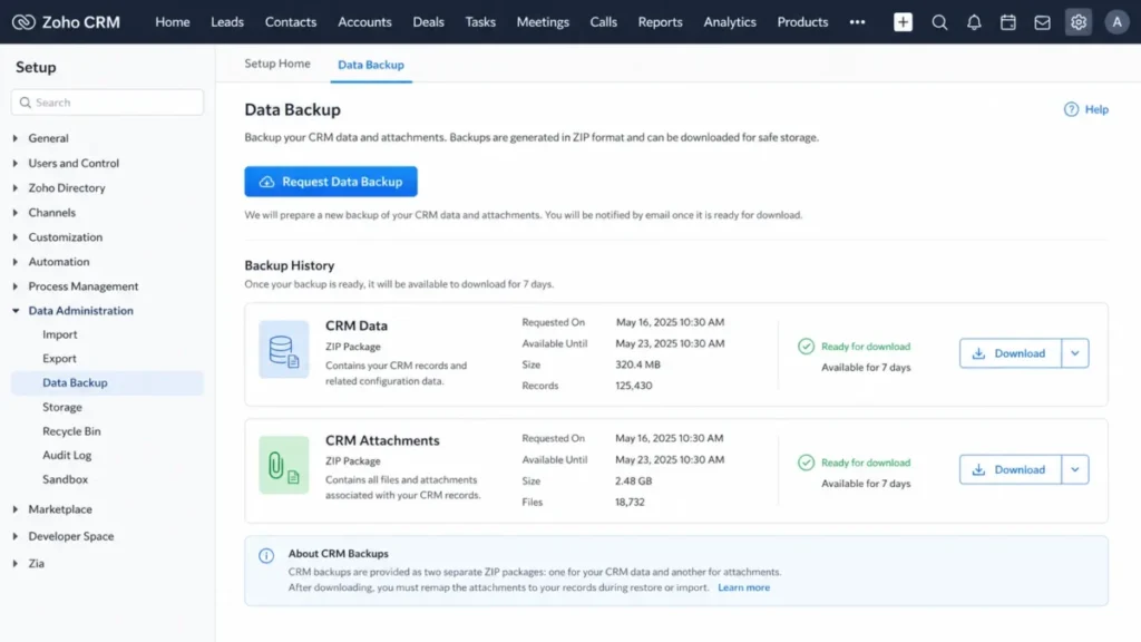 Zoho CRM Data Backup screen showing separate ZIP packages for CRM data and CRM attachments