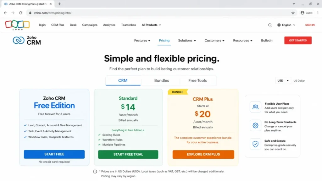 Zoho CRM pricing page showing Free Edition for 3 users and CRM Plus pricing at $20 per user per month.