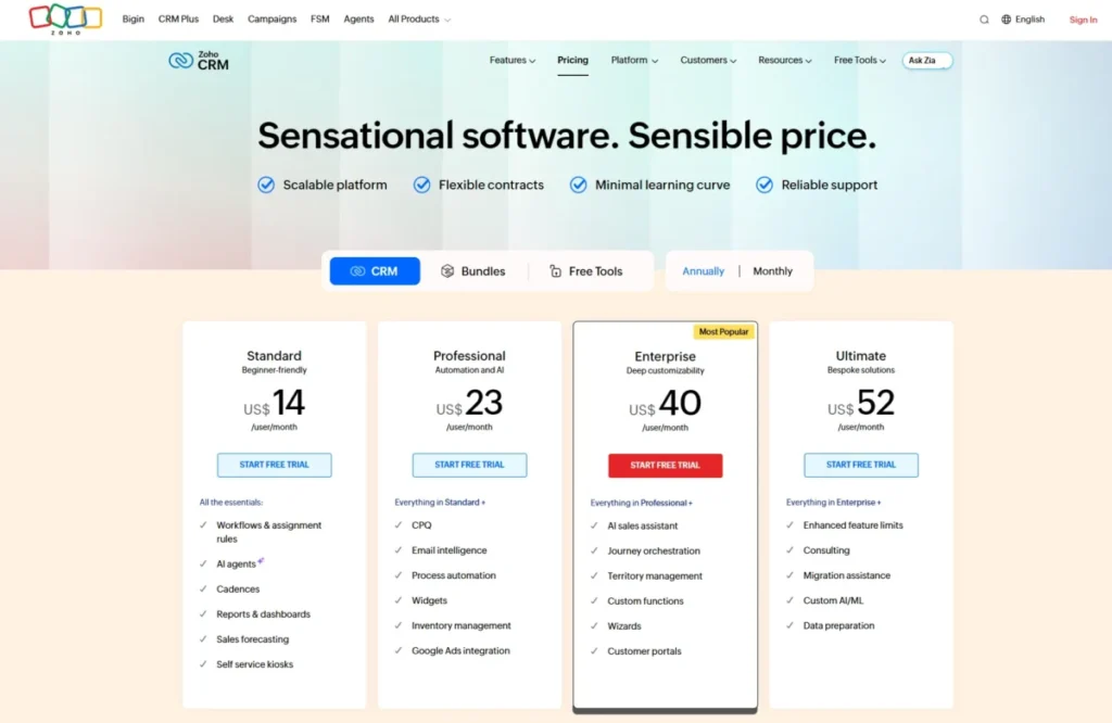 Zoho CRM pricing page showing Standard, Professional, Enterprise, and Ultimate plans with annual billing selected.