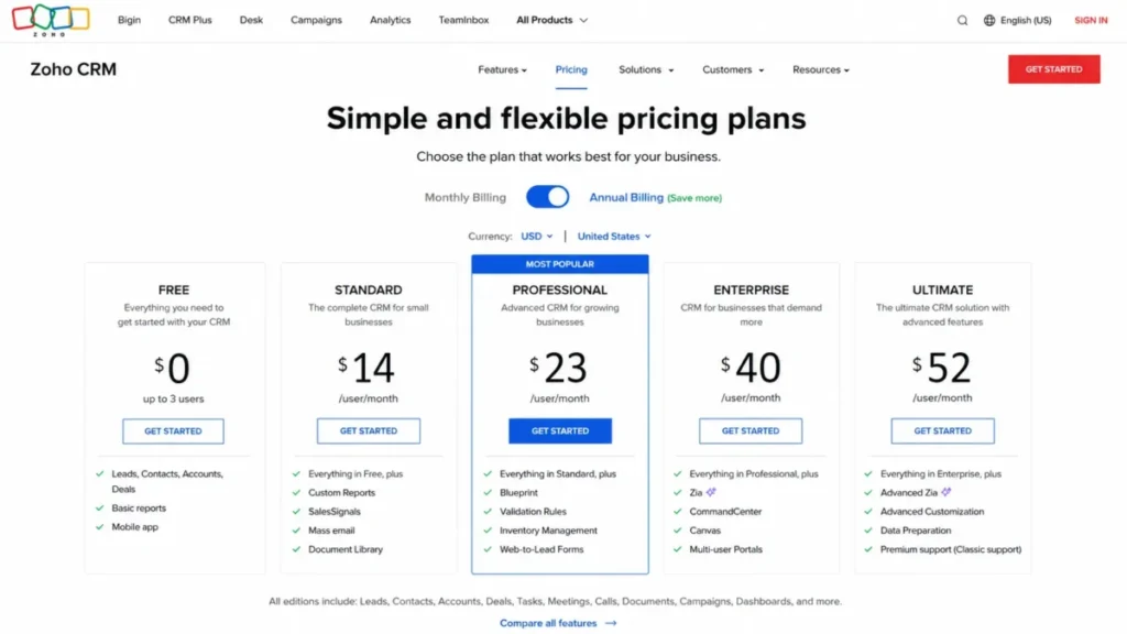 Zoho CRM pricing page showing Free, Standard, Professional, Enterprise, and Ultimate plans with annual billing in USD