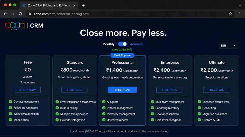 Zoho CRM pricing page mockup showing Free, Standard, Professional, Enterprise, and Ultimate plan comparison