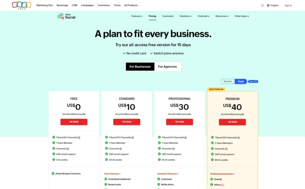 Zoho Social pricing page showing Free, Standard, Professional, and Premium plans with yearly billing selected.
