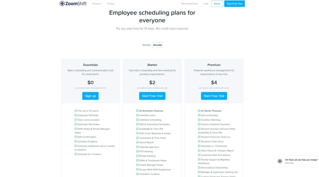 ZoomShift employee scheduling pricing page showing Essentials, Starter, and Premium plans with annual billing selected.