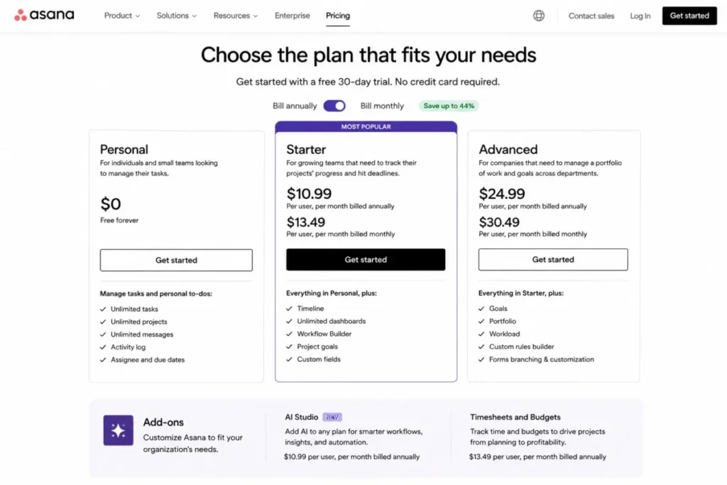 Asana pricing page comparing Personal, Starter, and Advanced plans with annual billing and add-ons for AI Studio and Timesheets and Budgets.