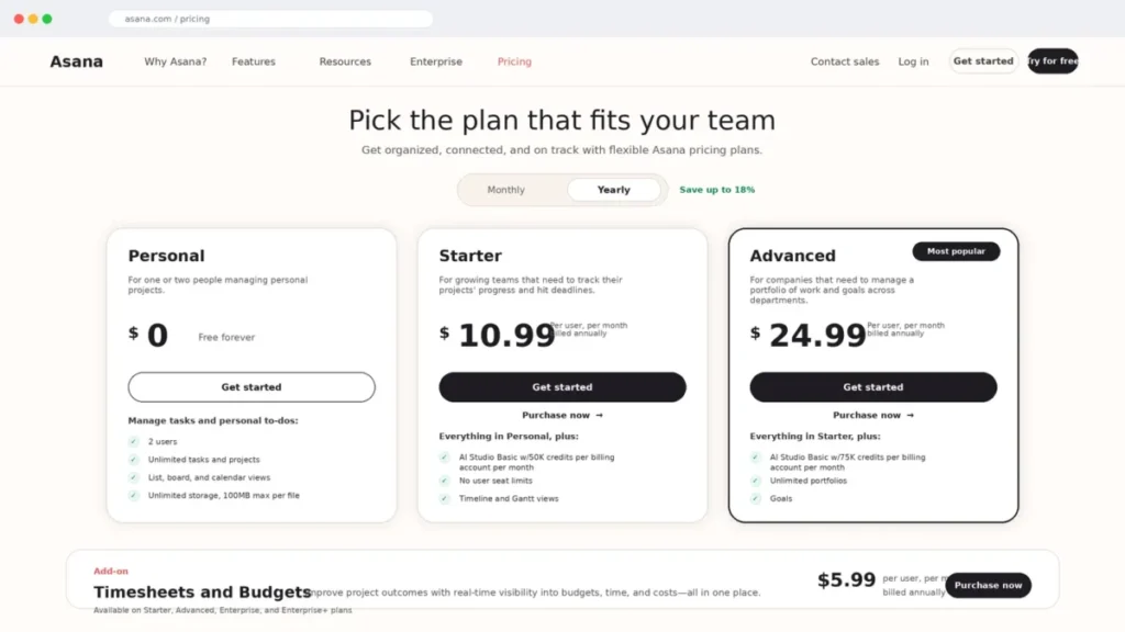 Asana pricing page showing Personal, Starter, Advanced plans and the Timesheets and Budgets add-on