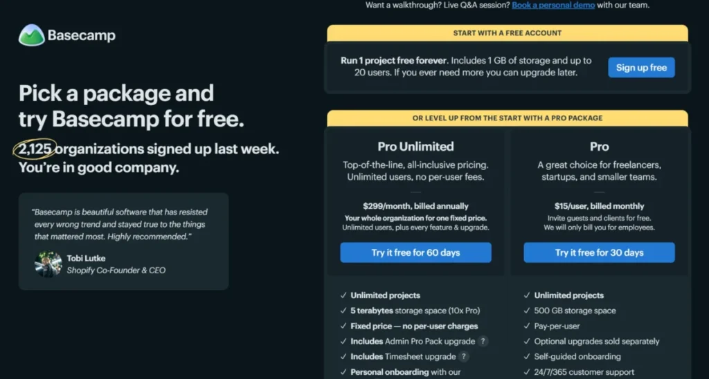 Basecamp pricing page showing free account, Pro Unlimited, and Pro package options with trial buttons