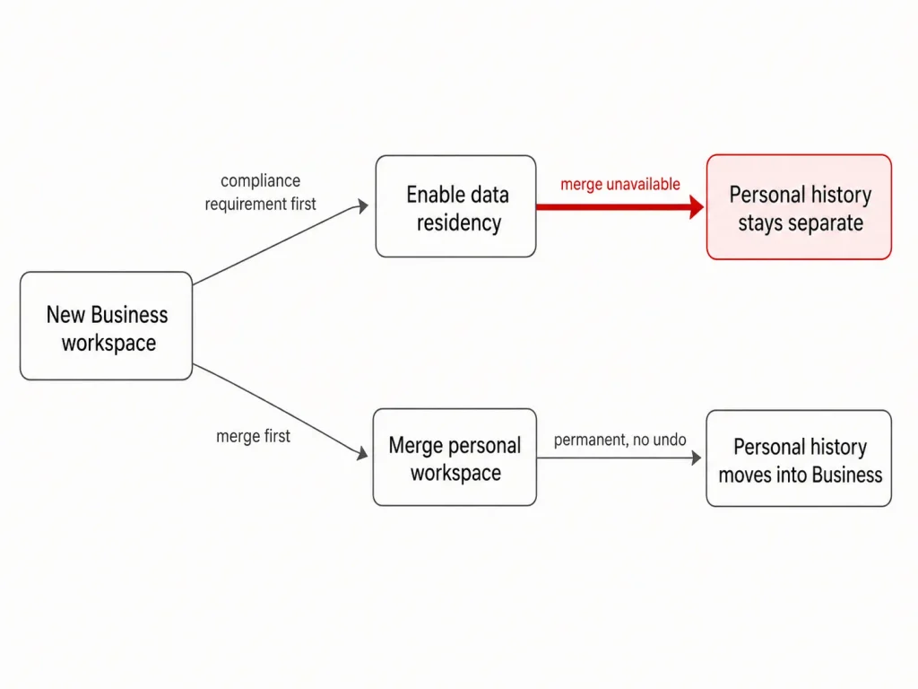 Diagram showing that enabling ChatGPT Business data residency prevents merging a personal workspace, while merging first permanently moves personal history into Business