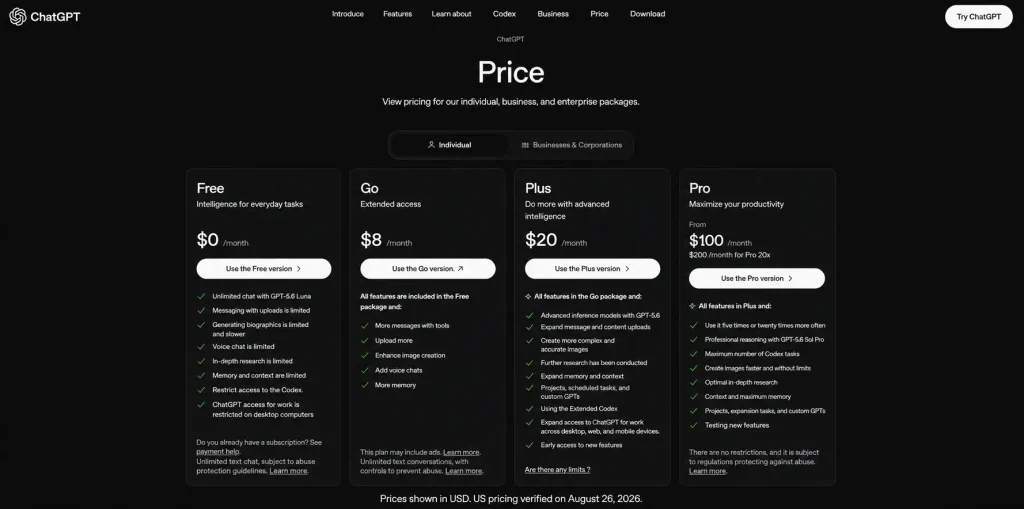 ChatGPT US pricing for Free, Go, Plus, and Pro plans in 2026