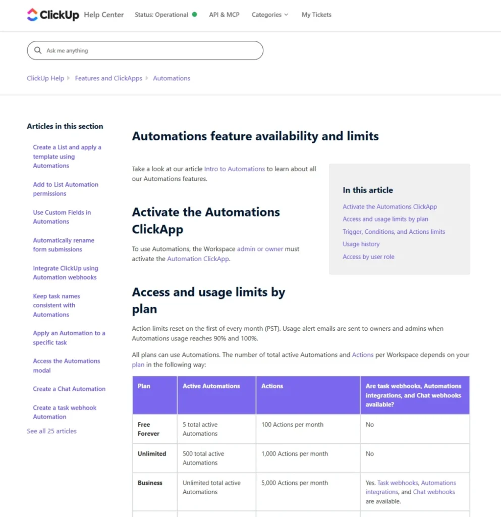 ClickUp Help Center page showing automation feature availability and usage limits by plan