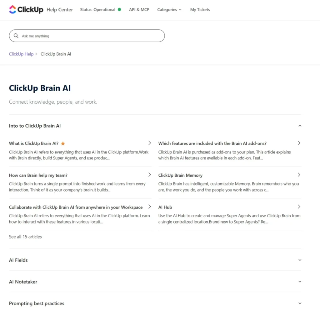 ClickUp Help Center page showing ClickUp Brain AI articles and feature categories