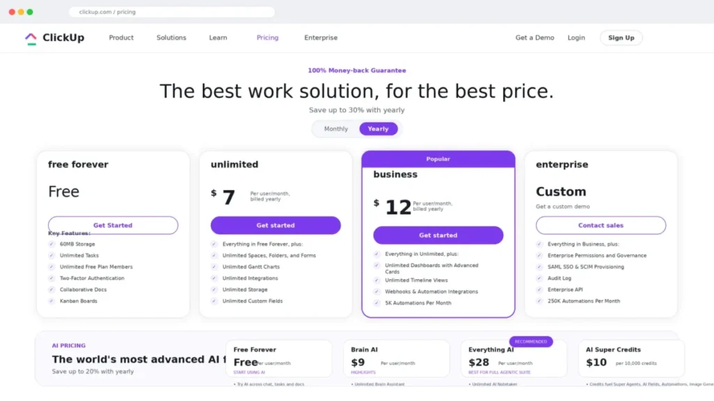 ClickUp pricing page showing Free Forever, Unlimited, Business, Enterprise, Brain AI, and Everything AI pricing cards