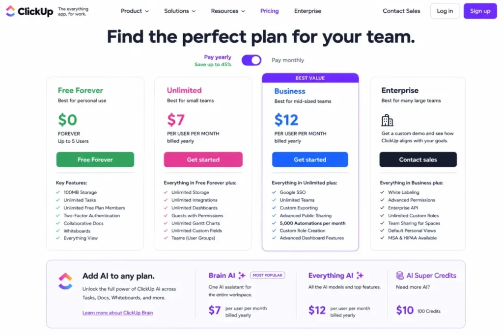 ClickUp pricing page showing Free Forever, Unlimited, Business, and Enterprise plans with yearly billing and separate AI add-ons.