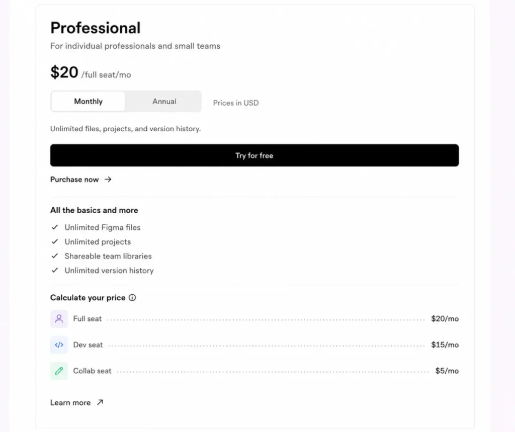 Figma Professional monthly pricing showing Full, Dev, and Collab seat costs
