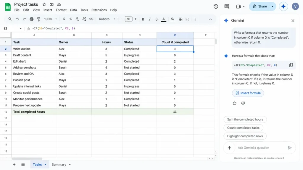 Google Sheets with Gemini generating a conditional formula in the side panel