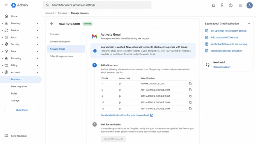 Google Workspace Admin console showing verified domain and Gmail MX record setup