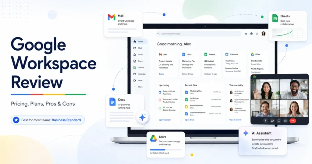 Google Workspace review featured image with Gmail, Docs, Sheets, Drive, Meet, Gemini, and Business Standard
