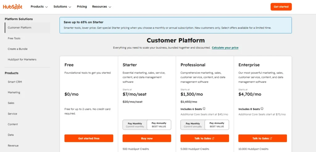 HubSpot Customer Platform pricing page showing Free, Starter, Professional, and Enterprise plans in 2026