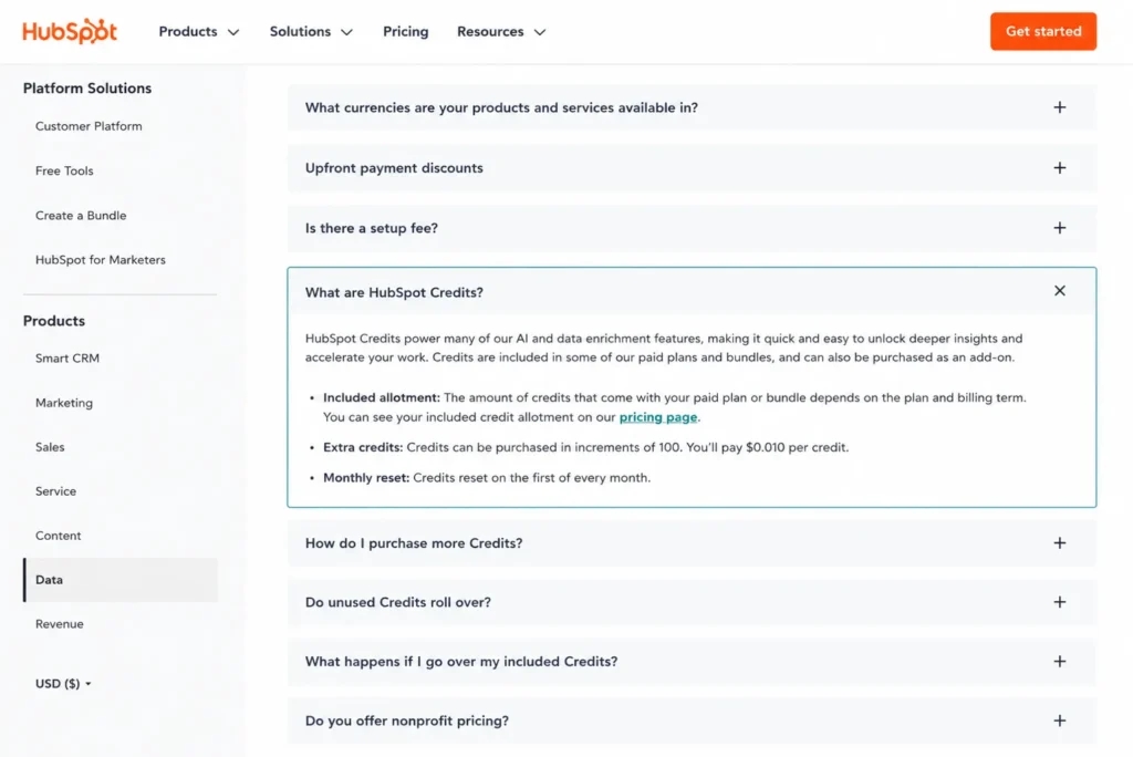 HubSpot Data Hub pricing FAQ showing HubSpot Credits, extra credit pricing, and monthly reset rules