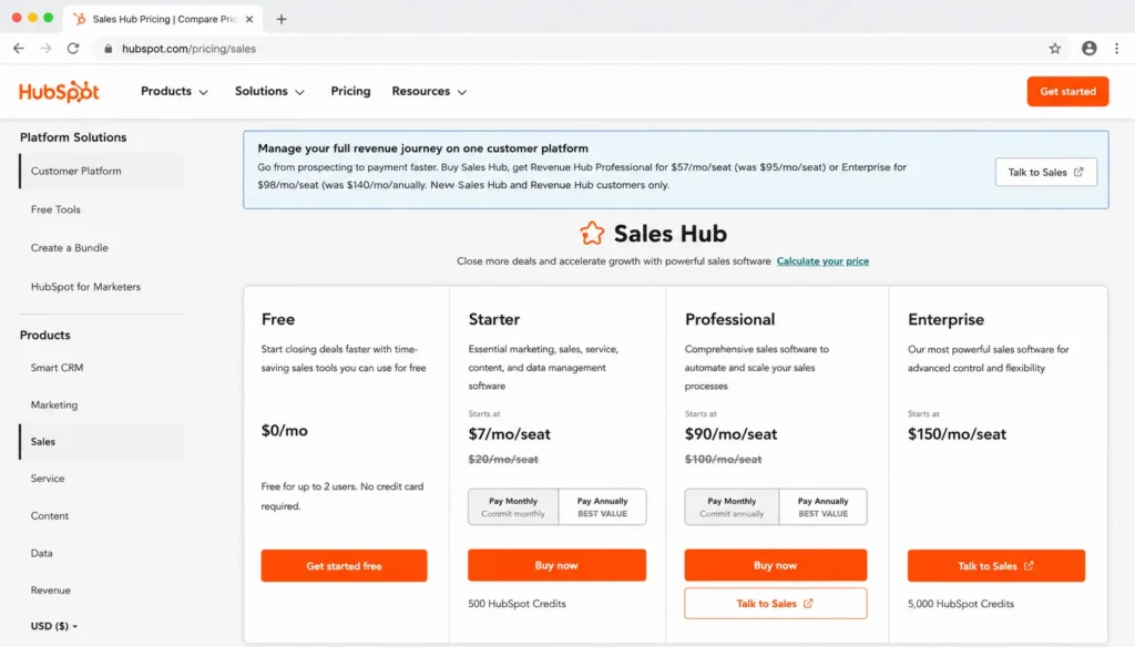 HubSpot Sales Hub pricing page showing Free, Starter, Professional, and Enterprise plans with monthly and annual billing options