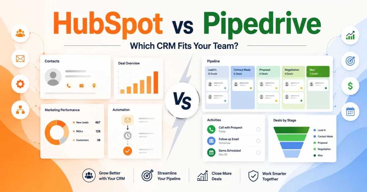 HubSpot vs Pipedrive CRM comparison showing sales pipeline, contacts, automation, activities, and deal management features.