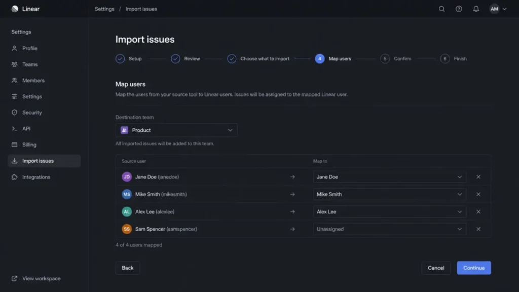 Linear workspace settings import assistant showing the Map users step, destination team selector, and issue-import workflow.