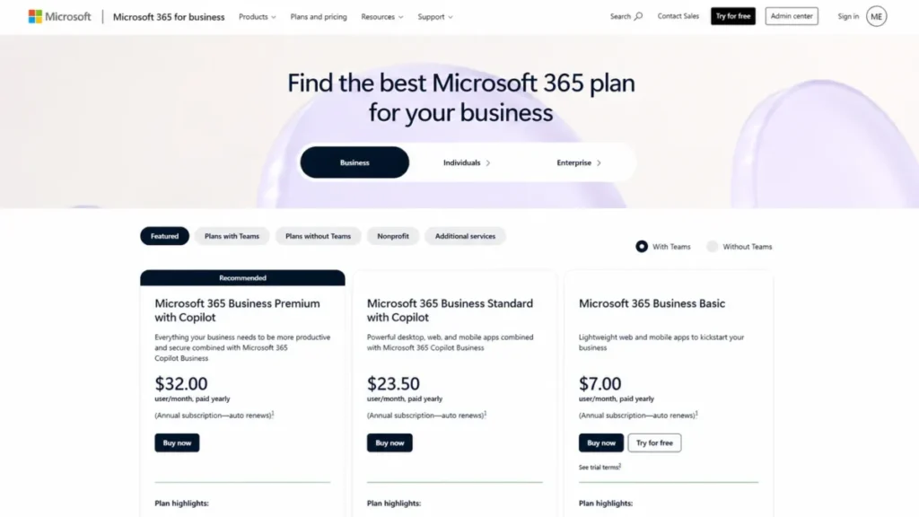 Microsoft 365 Business pricing page showing Business Premium, Business Standard, and Business Basic plans with Teams and annual billing.
