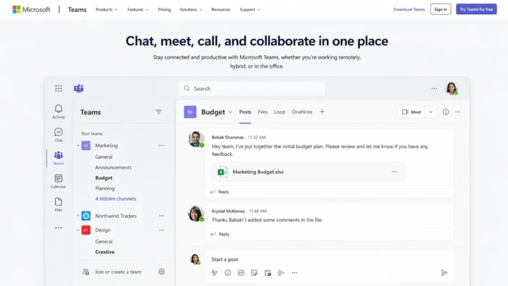 Microsoft Teams channel view showing threaded posts, a shared Excel file, and tabs for Files, Loop, and OneNote.
